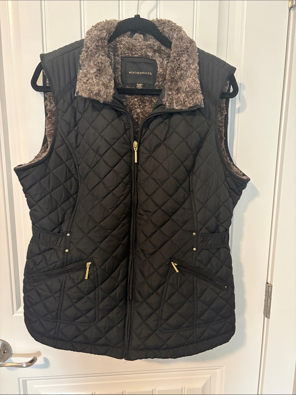 Weatherproof Black Quilted Vest with Brown Faux Fur Lining and Sherpa Collar